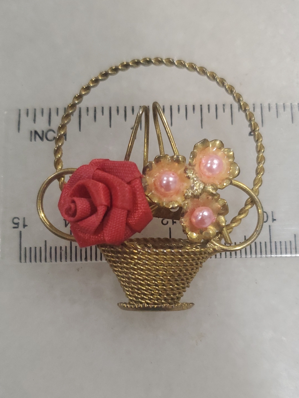 Gold-Tone Floral Basket Brooch with Red Fabric Rose and Pink Pearls VINTAGE